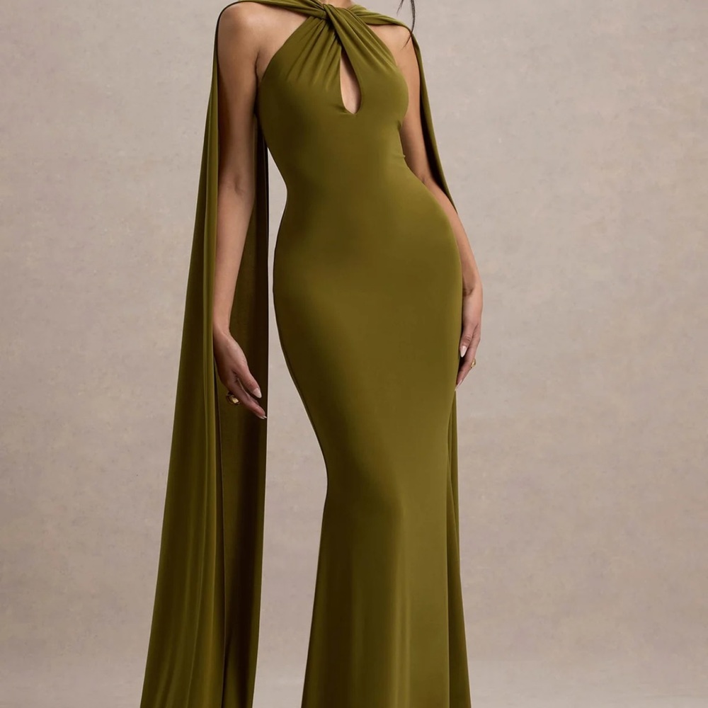 RHODA GREEN TWIST HALTER-NECK CAPE MAXI DRESS